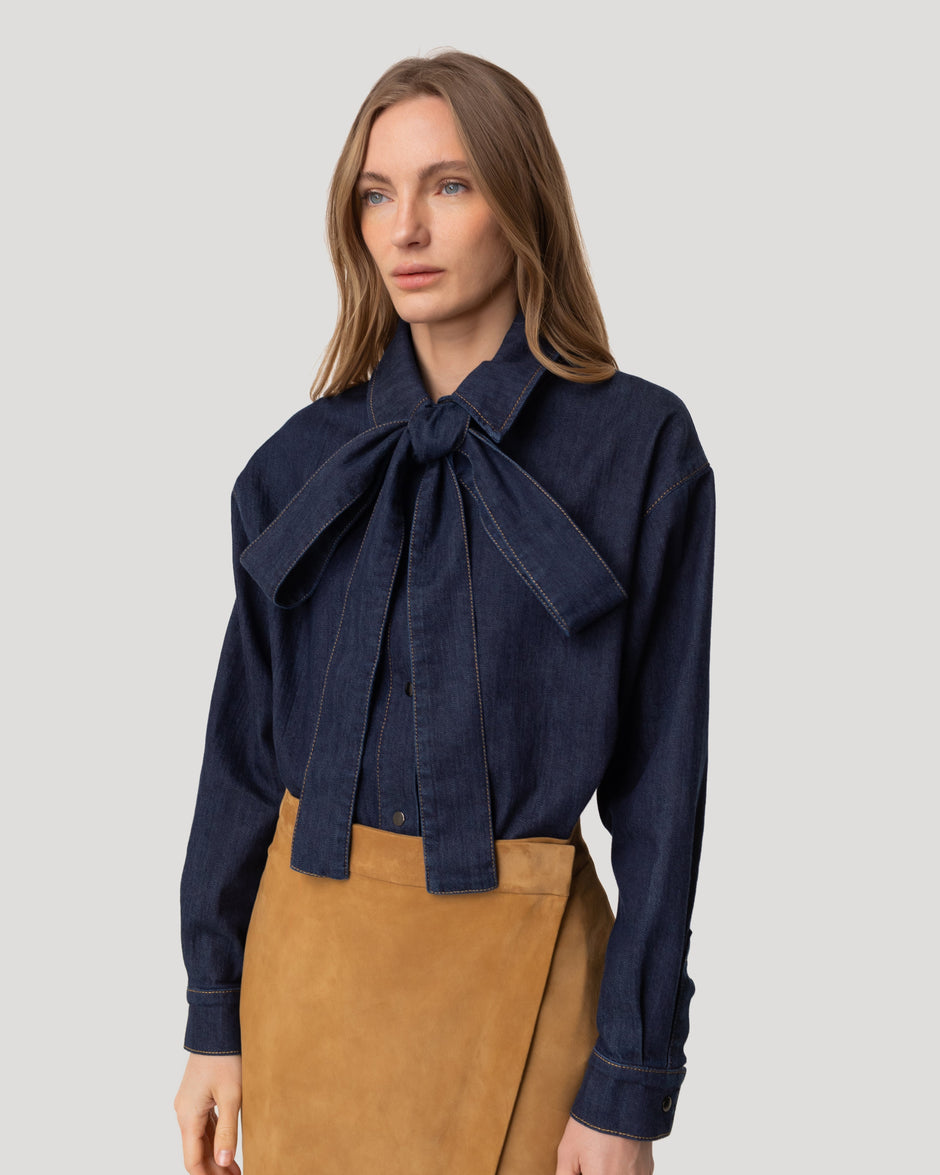 Denim overshirt with a bow