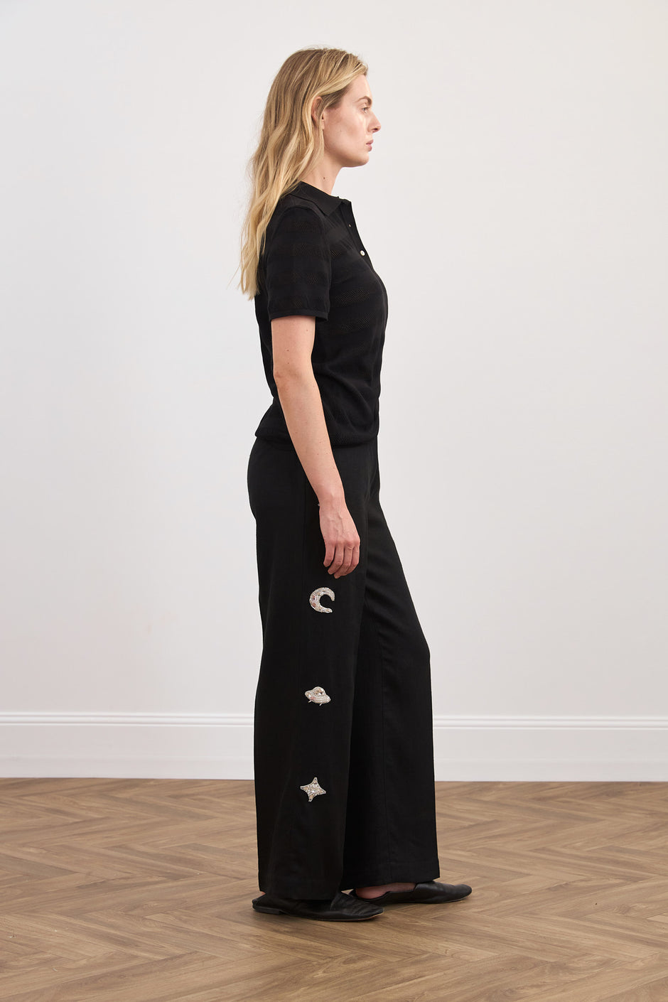 Hand-embroidered linen trousers