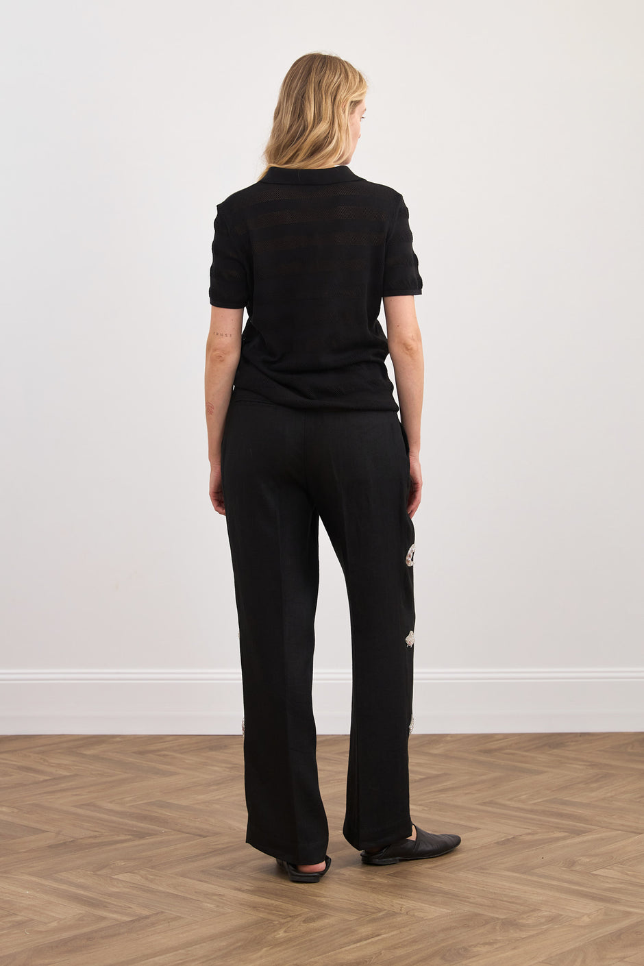 Hand-embroidered linen trousers