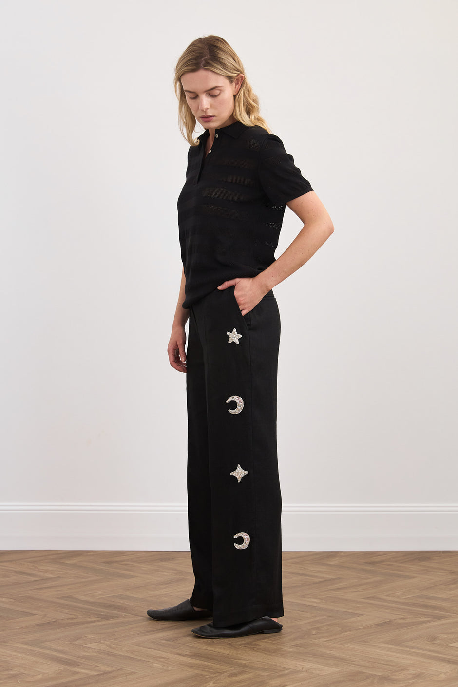Hand-embroidered linen trousers