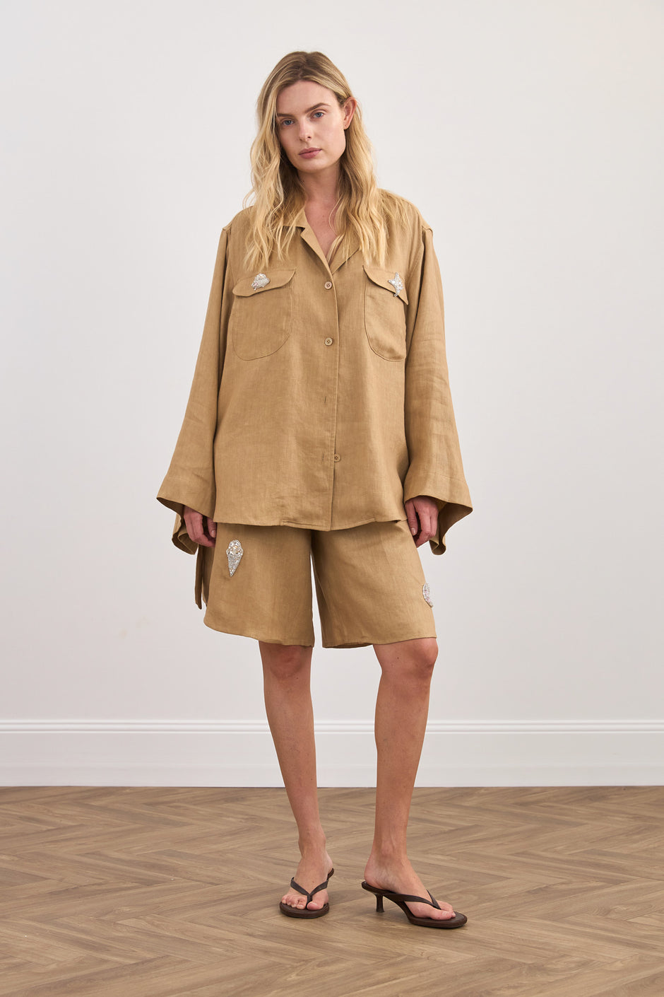 Hand-embroidered linen overshirt