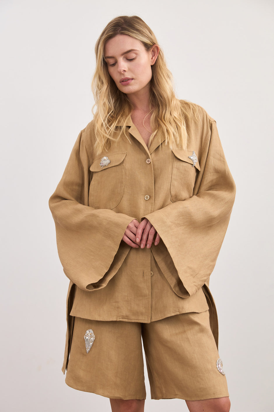 Hand-embroidered linen overshirt