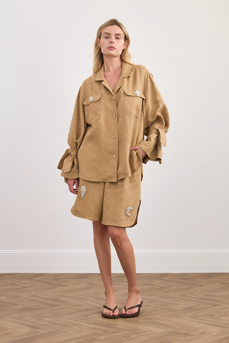 Hand-embroidered linen overshirt