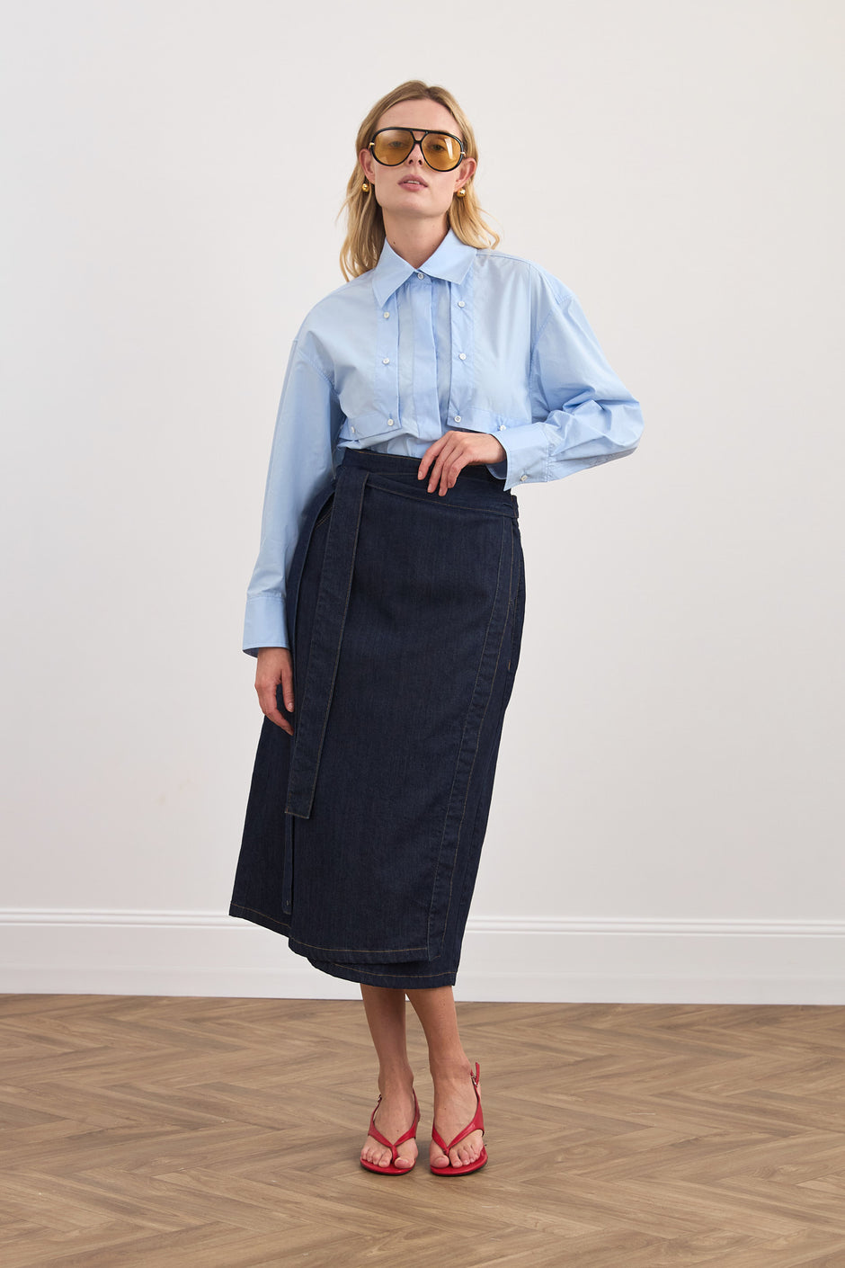 Wrap midi denim skirt