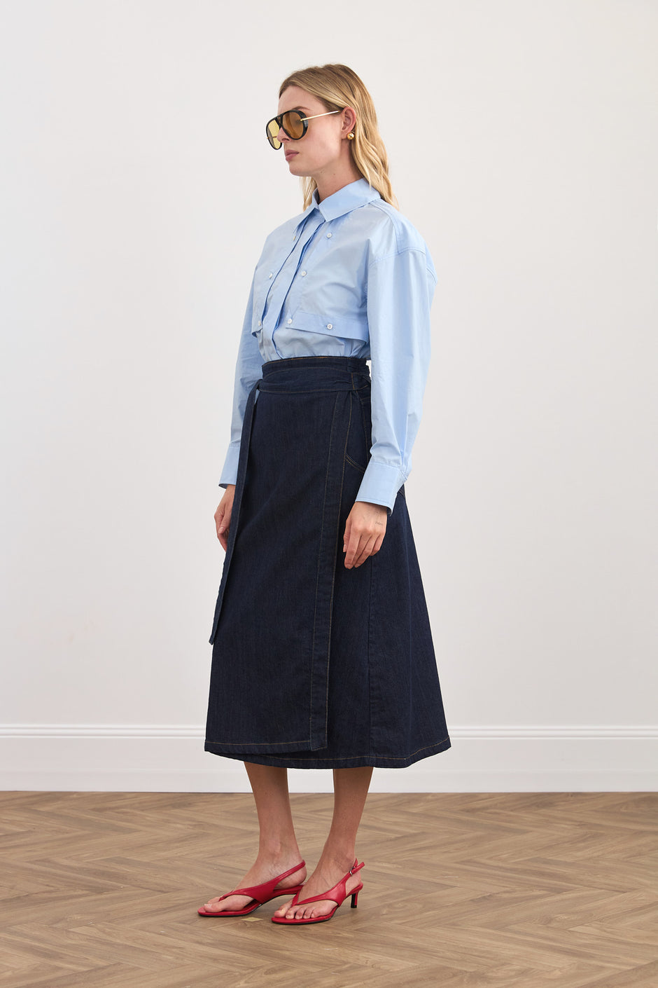 Wrap midi denim skirt