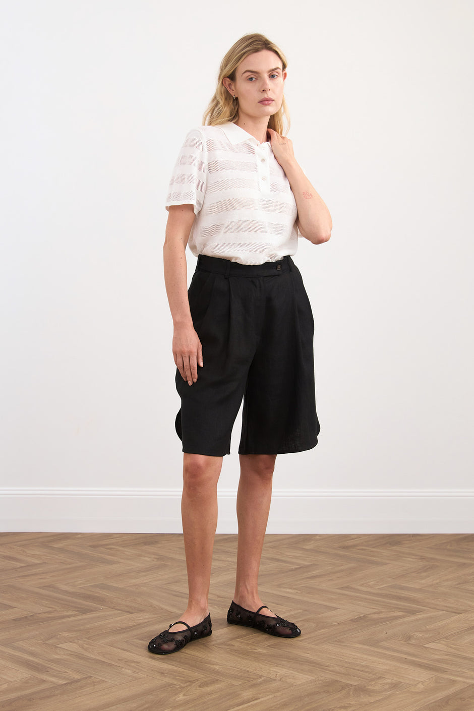 Linen wide leg bermuda shorts