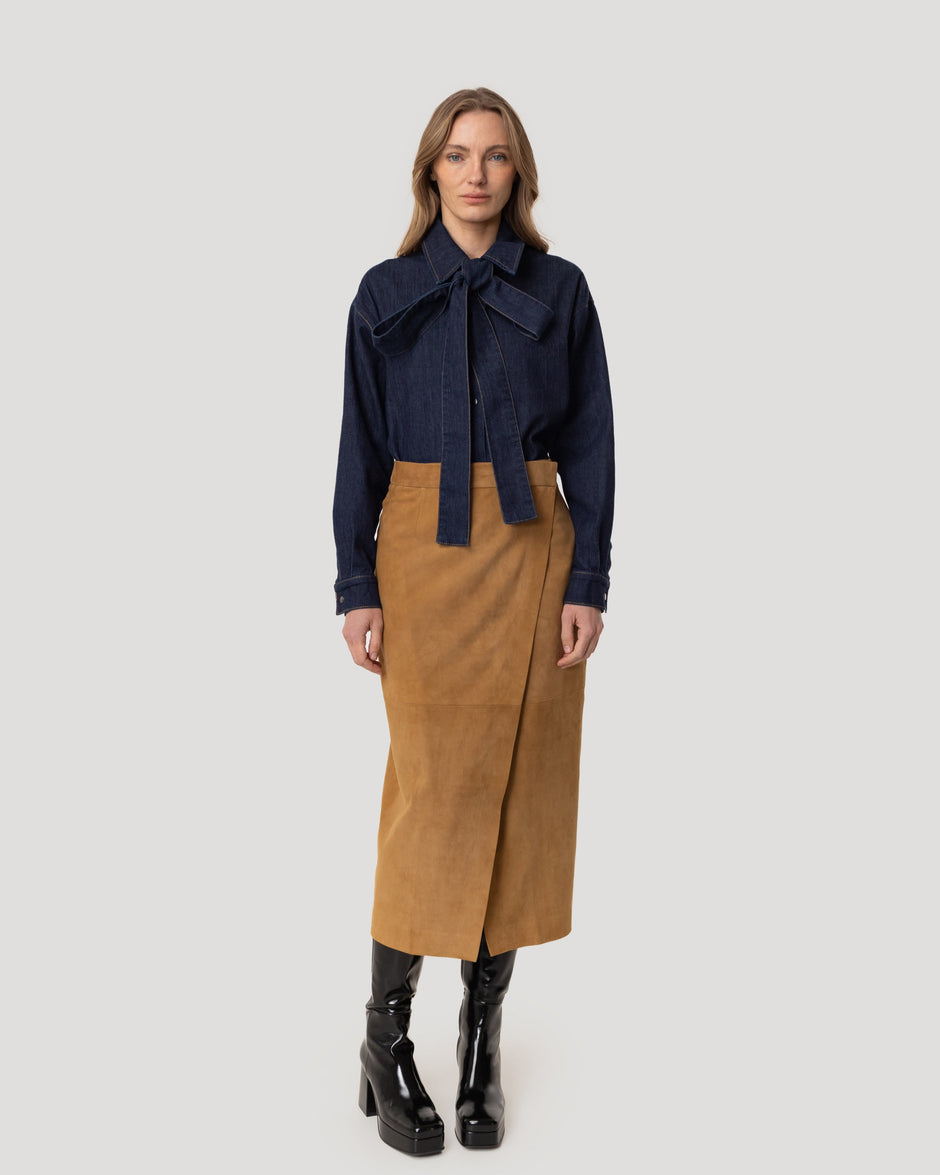 Wrap suede midi skirt