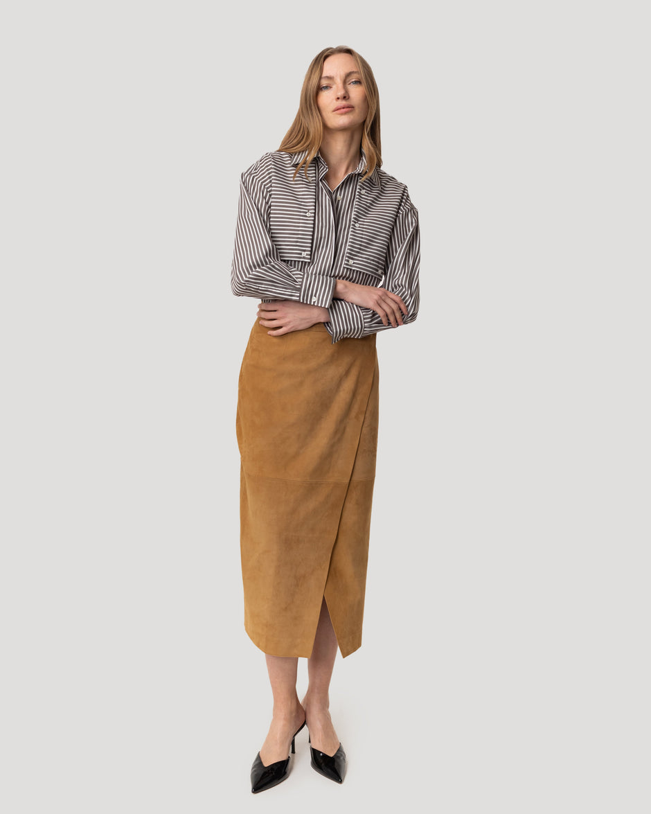 Wrap suede midi skirt