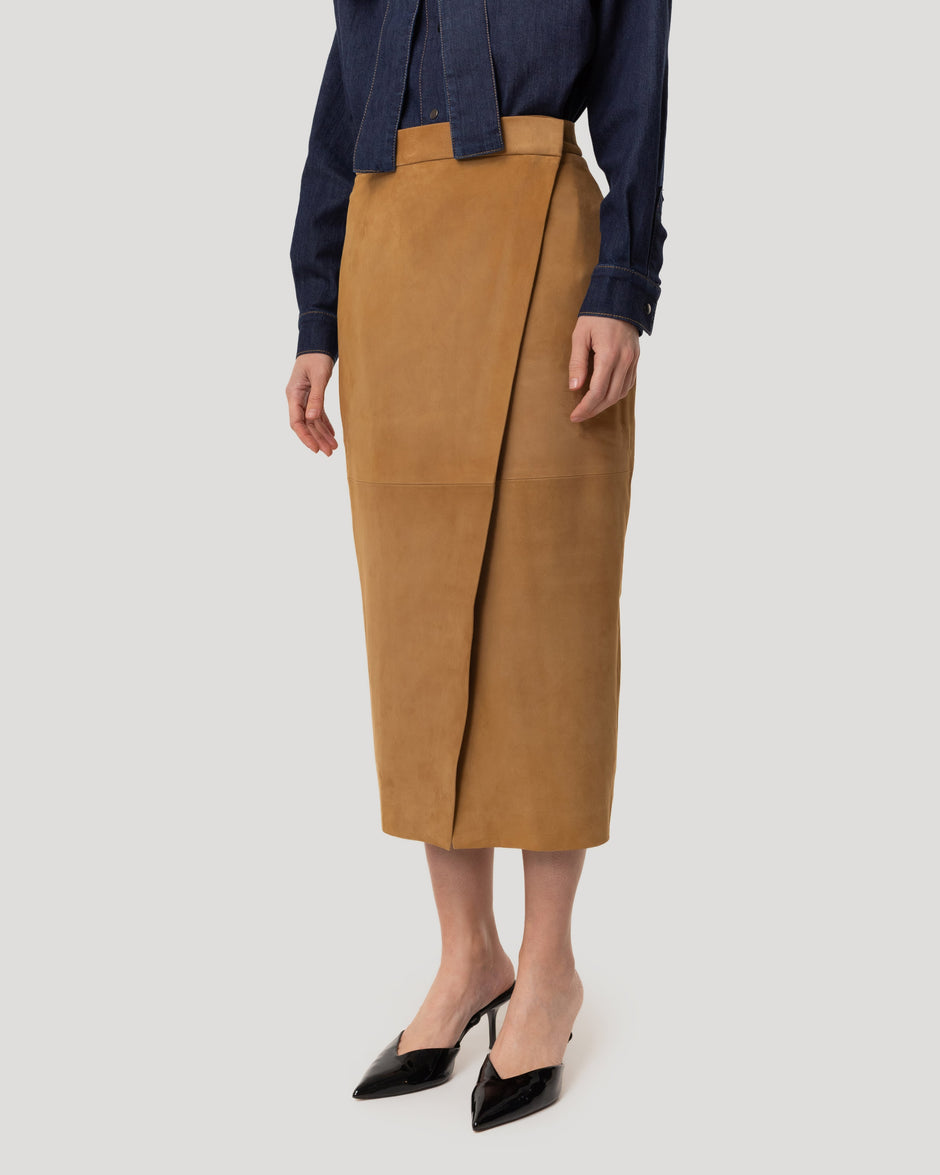 Wrap suede midi skirt