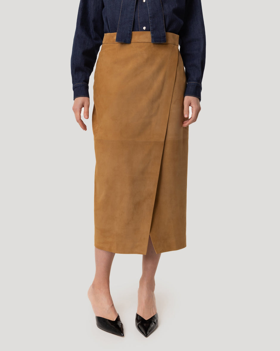Wrap suede midi skirt