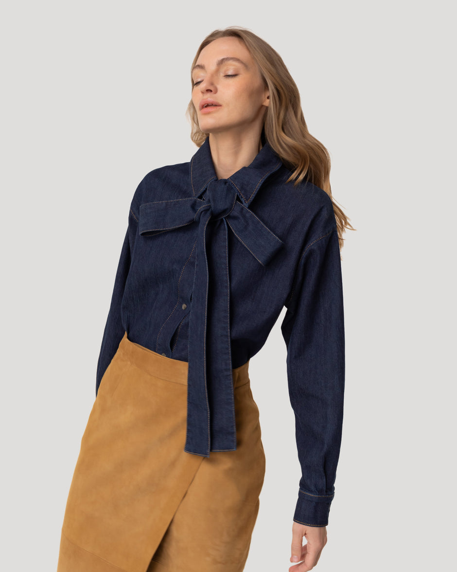 Denim overshirt with a bow