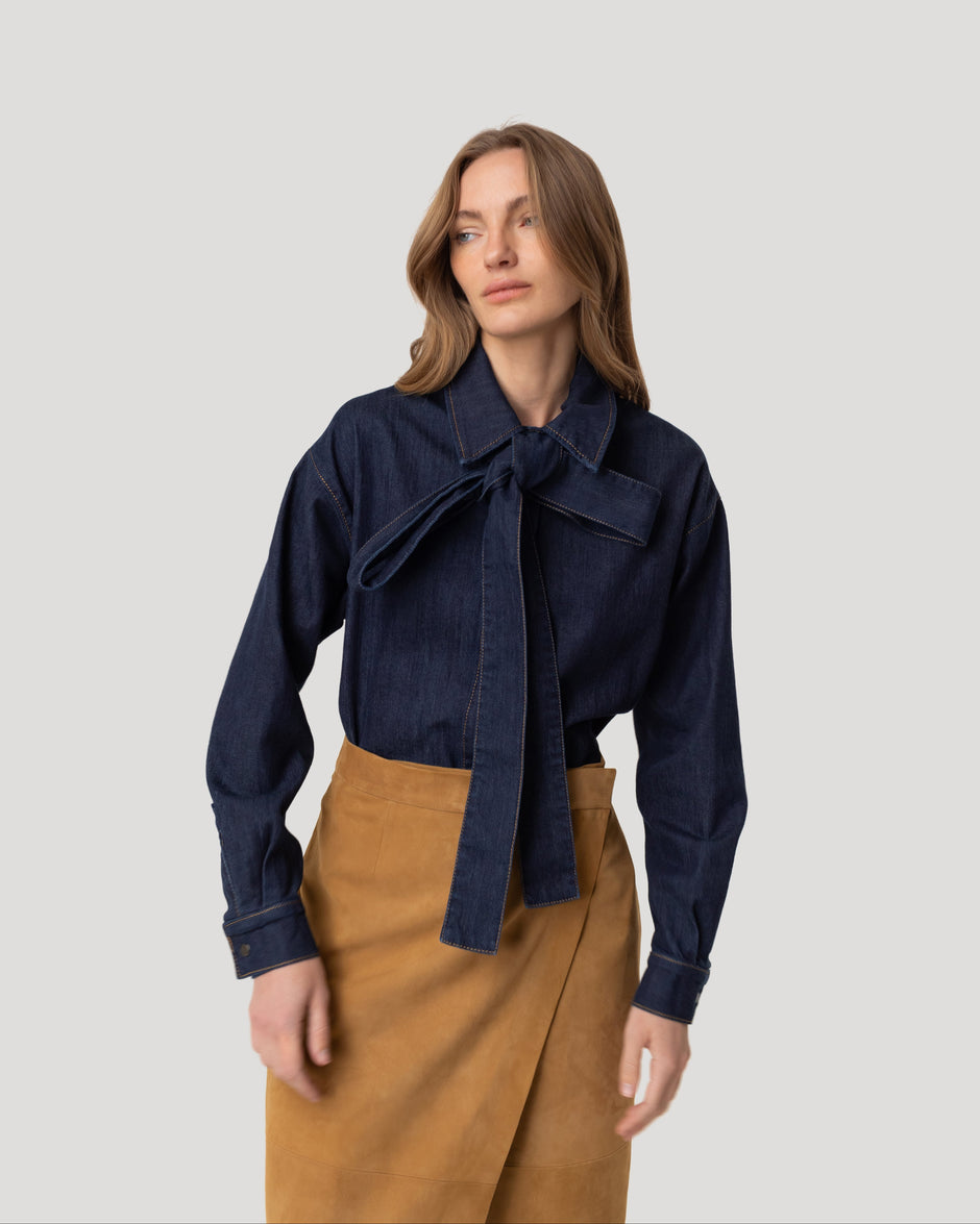 Denim overshirt with a bow